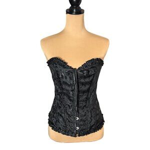 Gothic Black Satin Corset Top Sz.XL Lace-Up Ruffle Boned Sexy Goth Halloween